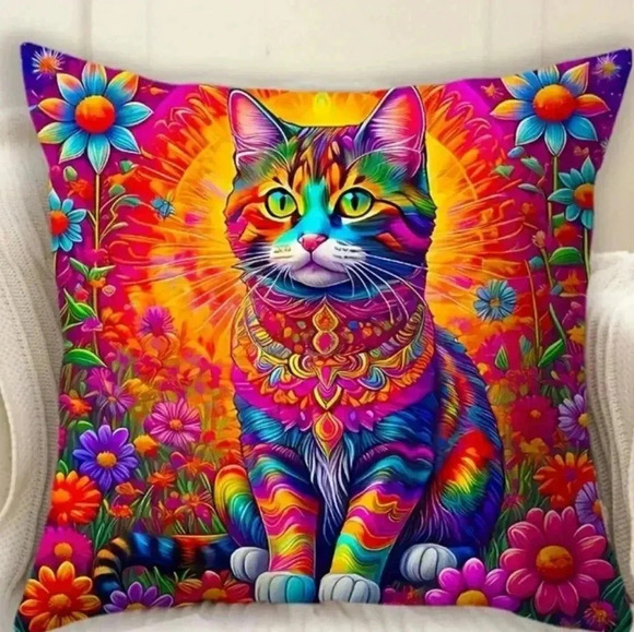 Cat Psychedelic Yoga Zen Floral Rainbow Colorful Retro Pillow Cover - Picture 2 of 6